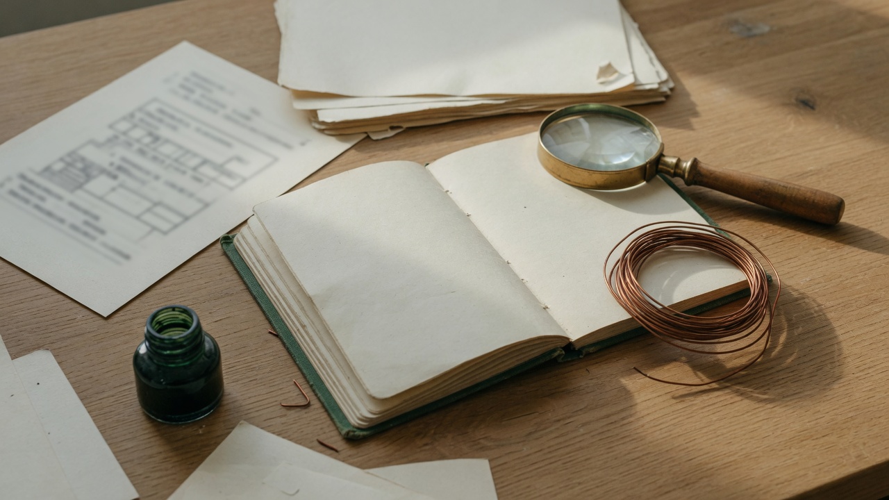Overhead photograph of a notebook, a brass magnifying glass, and a coil of copper wire on a wooden desk.